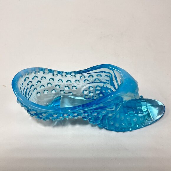 Vtg Fenton Cat Head Blue Opalescent Hobnail Glass 3995 Slipper Shoe 60s Glows - Picture 8 of 16